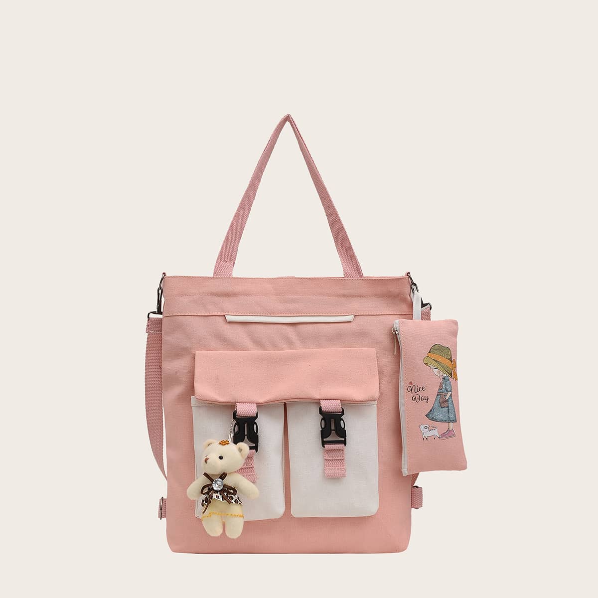 

Colorblock Canvas Tote Bag With Pencil Case, Baby pink