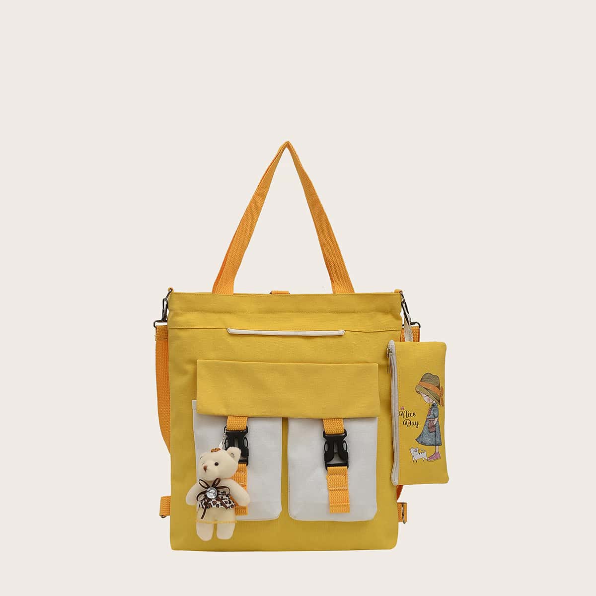 

Colorblock Canvas Tote Bag With Pencil Case, Yellow