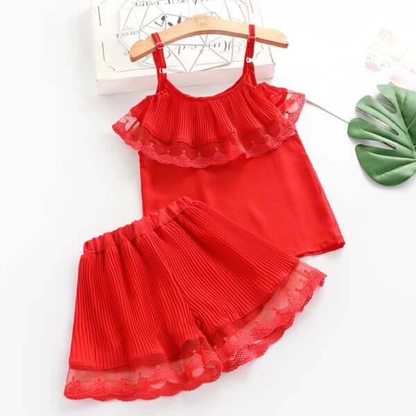 

Toddler Girls Solid Contrast Mesh Cold Shoulder Top & Pleated Shorts, Red