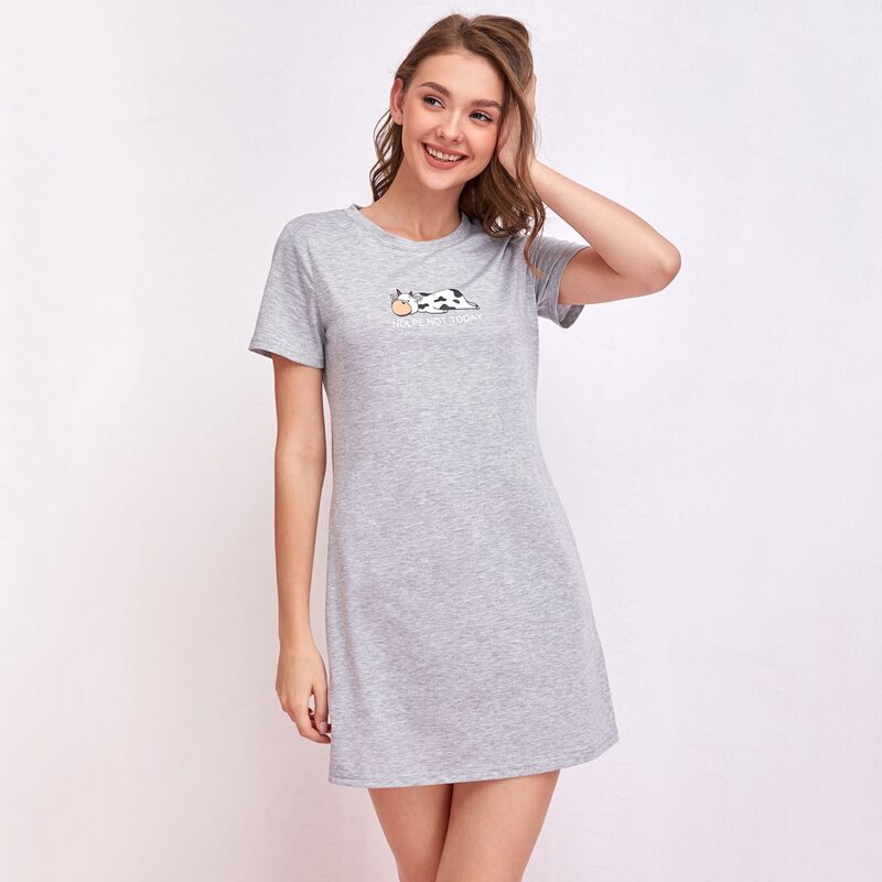 

Letter & Cow Print Night Dress, Light grey