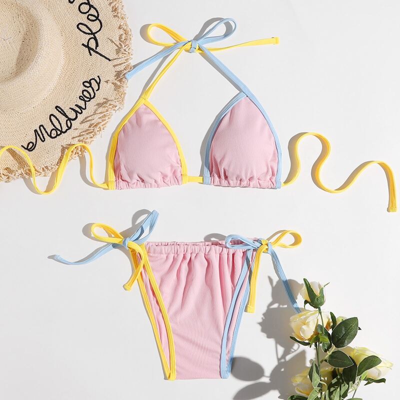 

Contrast Binding Halter Tie Side Bikini Swimsuit, Multicolor
