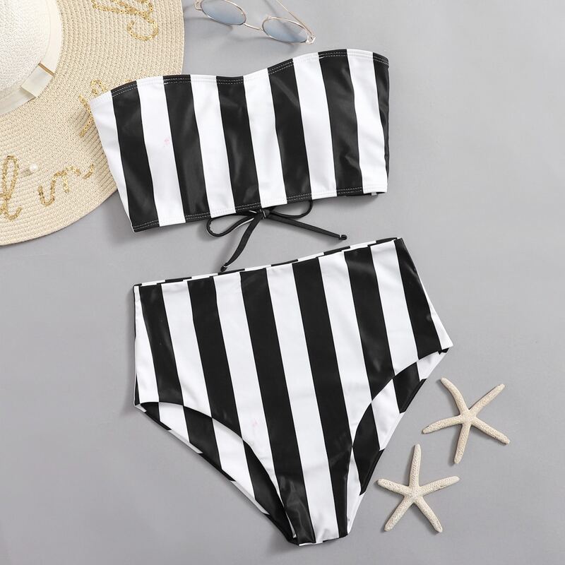 

Striped High Waist Bikini Swimsuit, Black and white