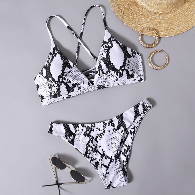 

Snakeskin Lace Up Bikini Swimsuit, Black and white