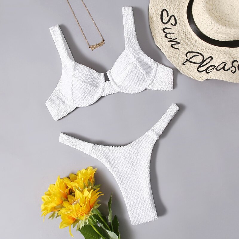 

Solid Push Up High Cut Bikini Swimsuit, White