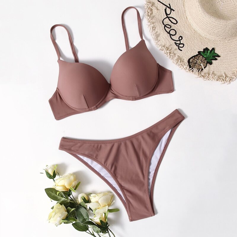 

Solid Push Up Bikini Swimsuit, Redwood
