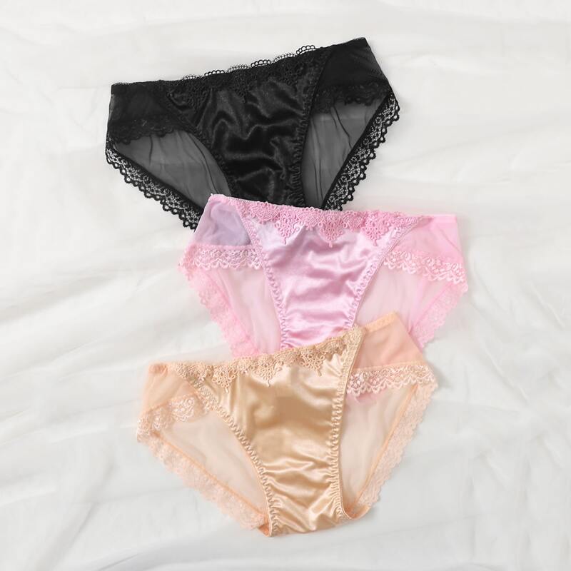 

3pcs Lace Trim Sheer Panty Set, Multicolor