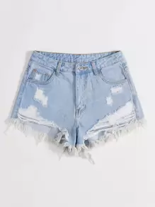 SHEIN EZwear 破洞毛邊下擺牛仔短褲 - 淺色水洗藍 - 查看 3