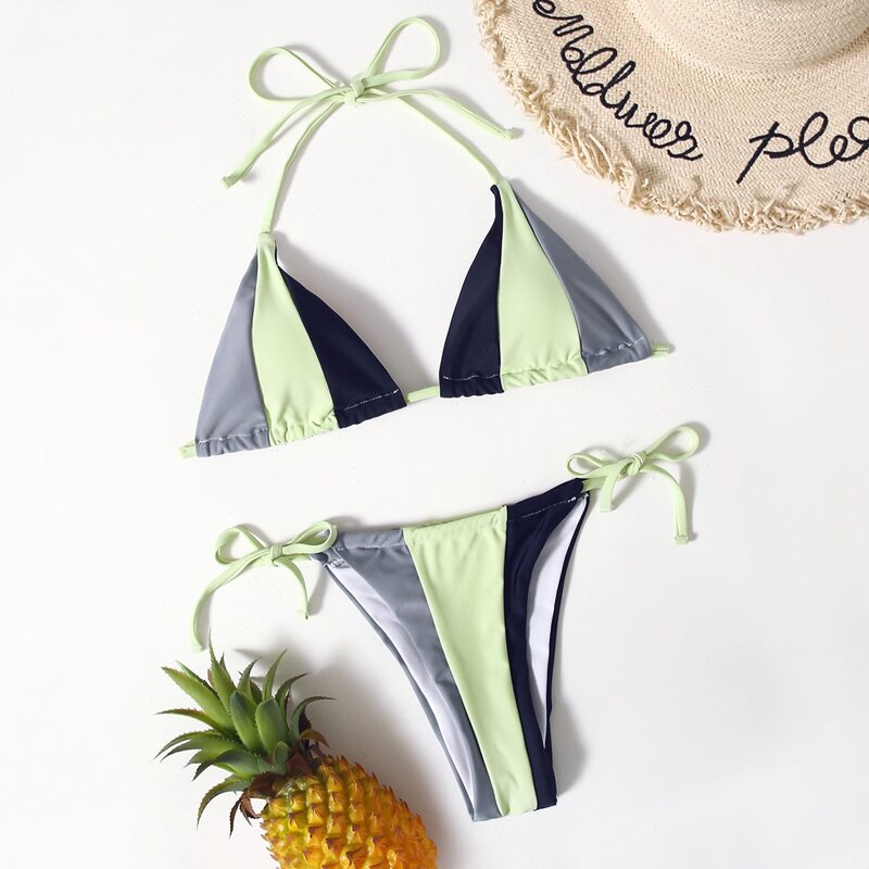 

Colorblock Halter Tie Side Bikini Swimsuit, Multicolor
