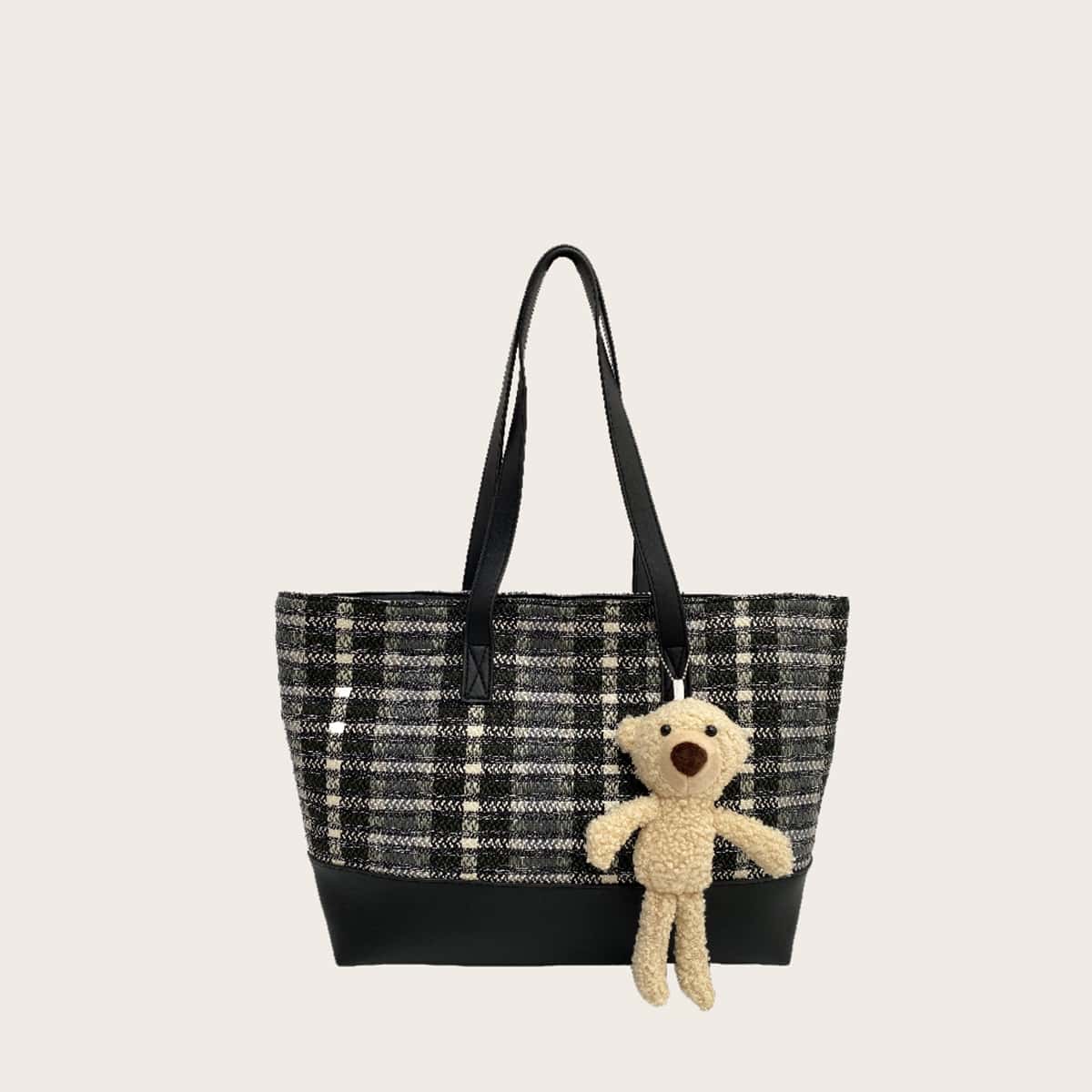 

Plaid Large Capacity Tote Bag, Black