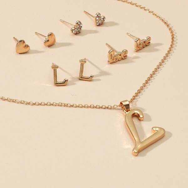 

1pc Letter Charm Necklace & 4pairs Stud Earrings, Gold
