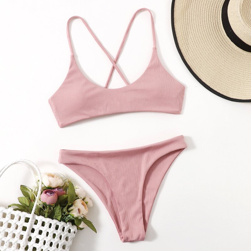 

Solid Criss Cross Bikini Swimsuit, Dusty pink