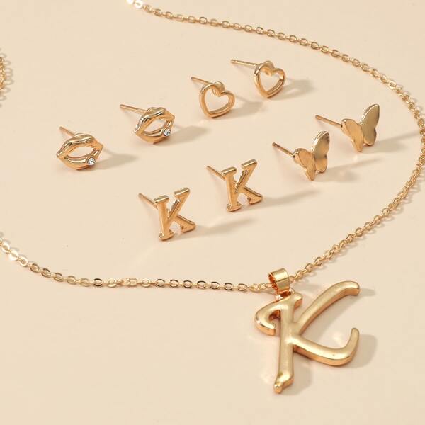 

1pc Letter Charm Necklace & 4pairs Stud Earrings, Gold