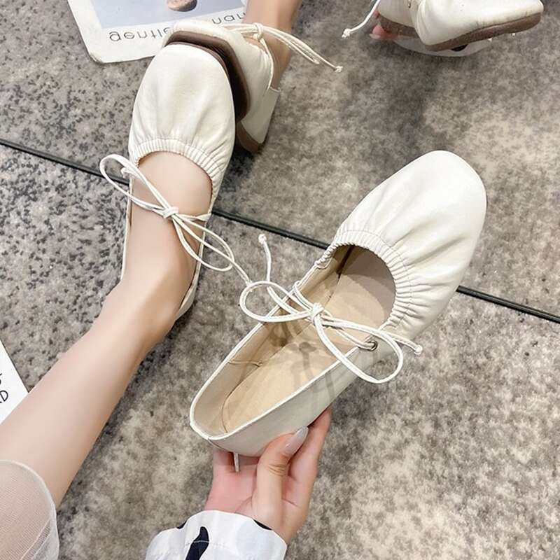 

Knot Front Ruched Ballet Flats, Beige