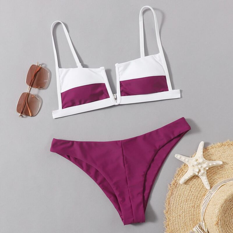 

Colorblock V-wired Bikini Swimsuit, Multicolor