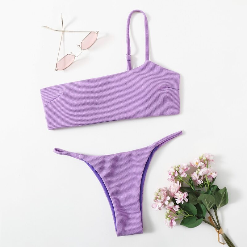 

One Shoulder Thong Bikini Swimsuit, Purple