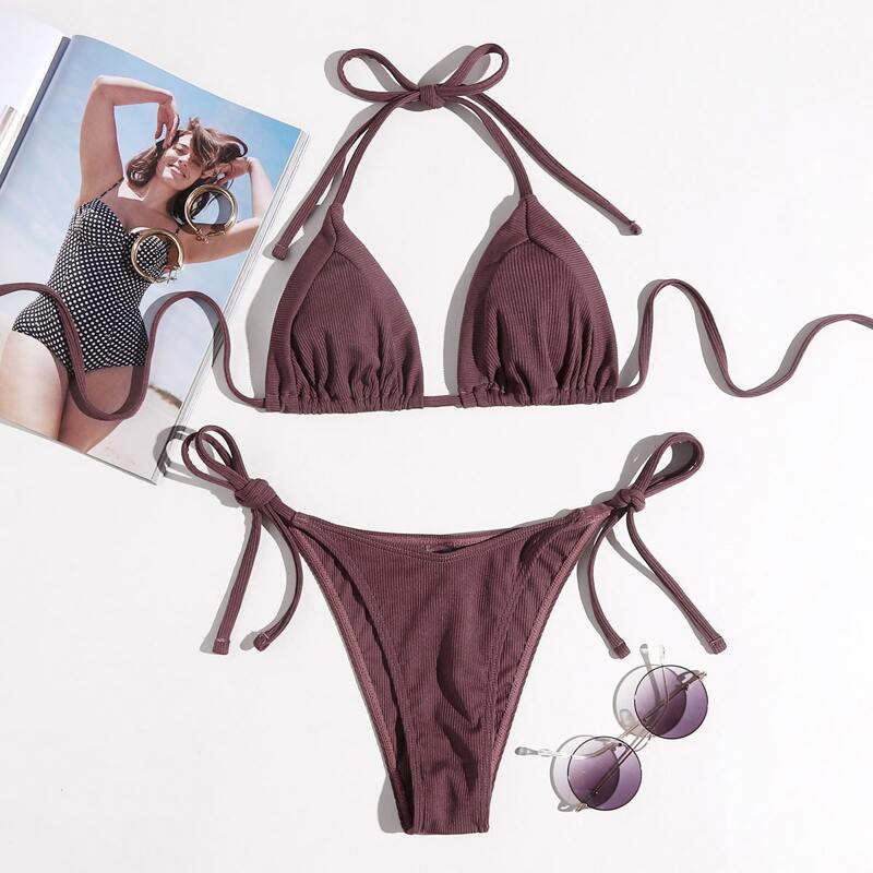 

Ribbed Triangle Tie Side Bikini Swimsuit, Brown