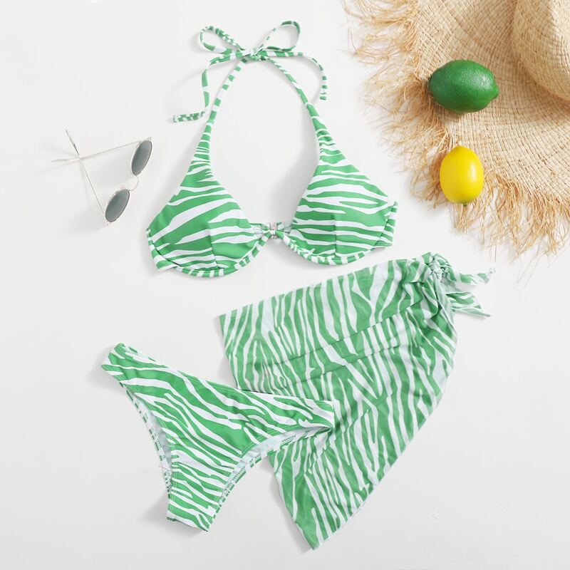 

3pack Zebra Stripe Push Up Halter Bikini Swimsuit & Beach Skirt, Green