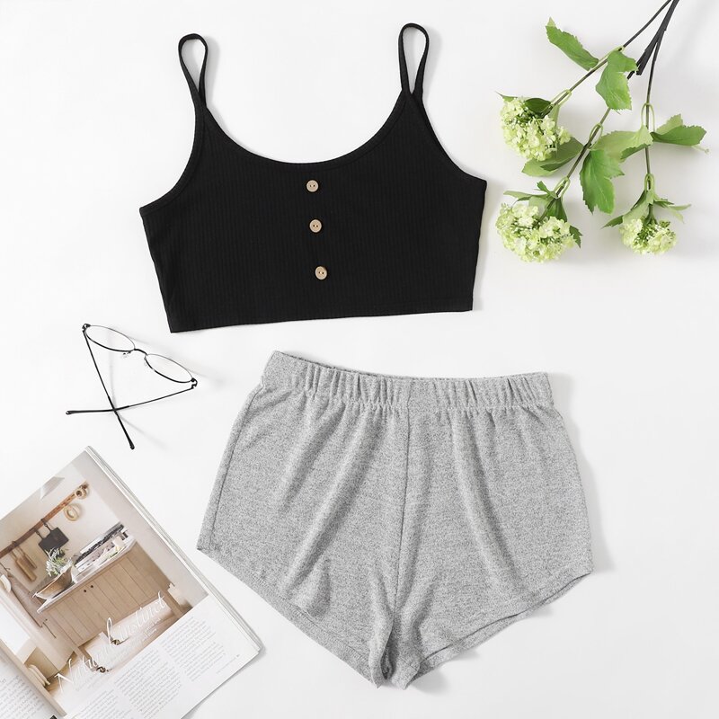 

Button Front Crop Cami PJ Set, Multicolor