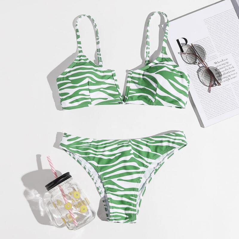 

Zebra Stripe V Wired Bikini Swimsuit, Green