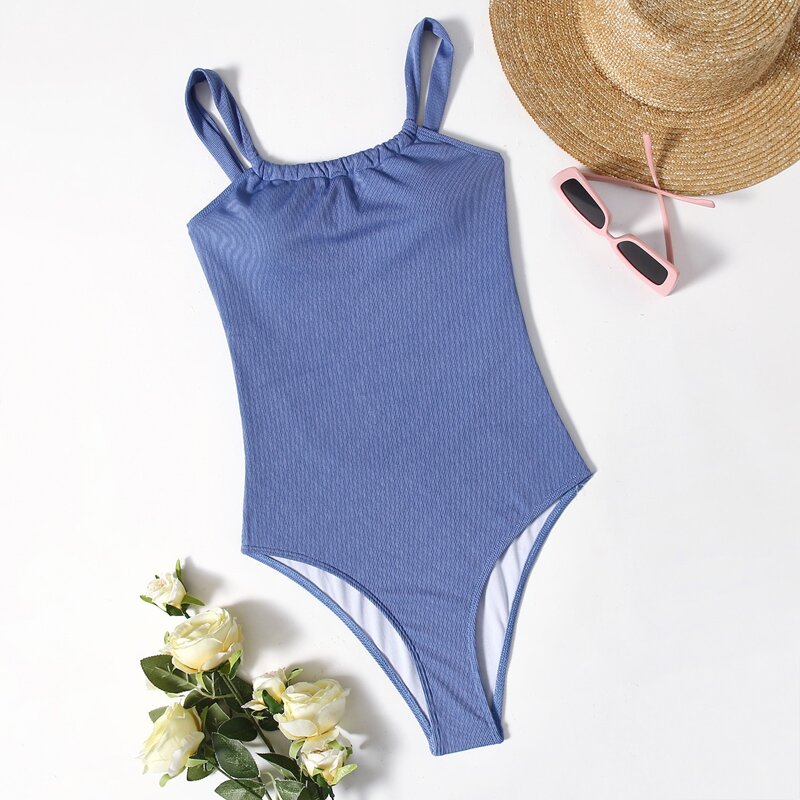 

Ribbed Tie Back One Piece Swimsuit, Blue