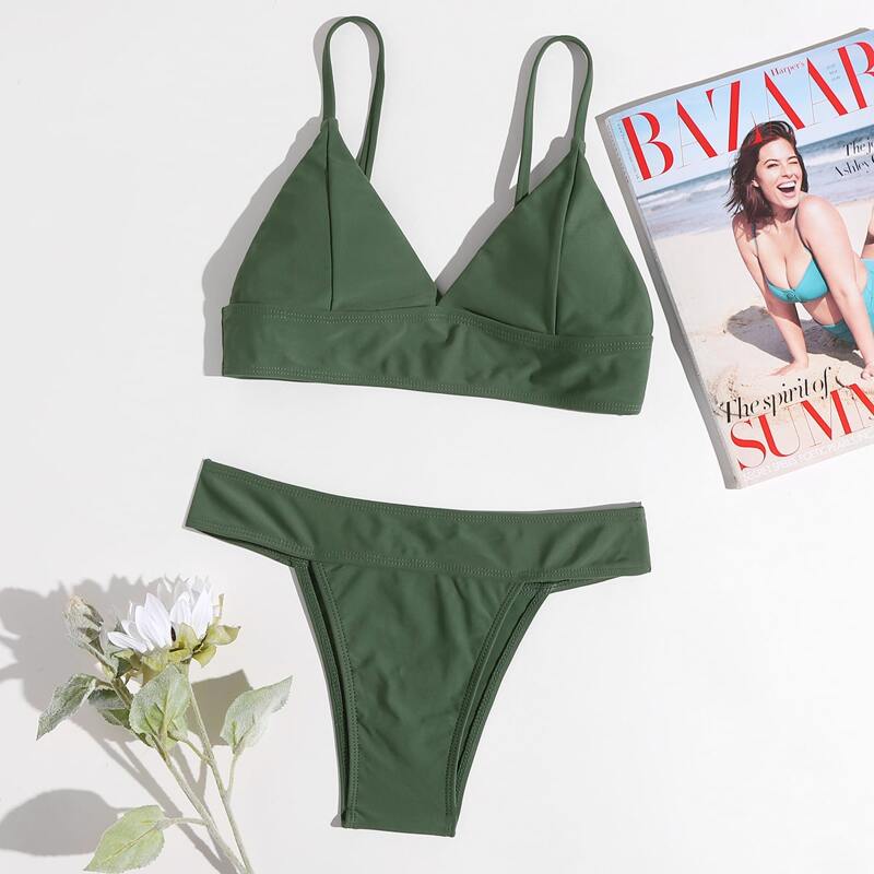 

Solid Triangle Bikini Swimsuit, Army green