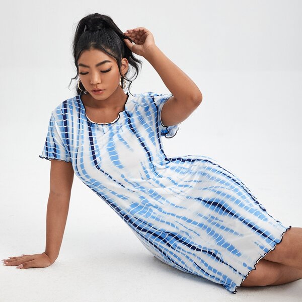 

Plus Tie Dye Lettuce Trim Tee Dress, Blue and white
