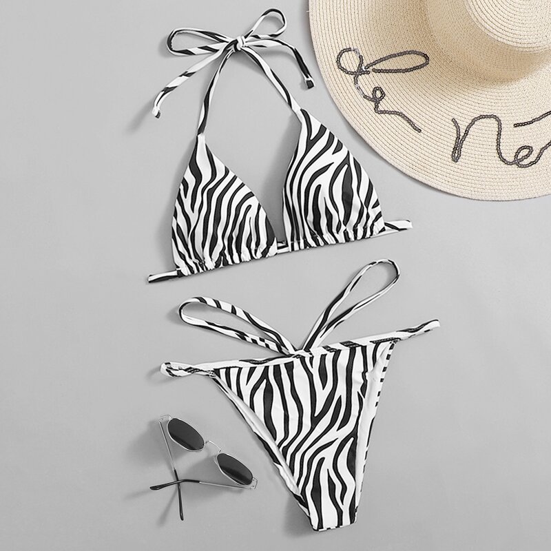 

Zebra Stripe Triangle Bikini Swimsuit, Black and white