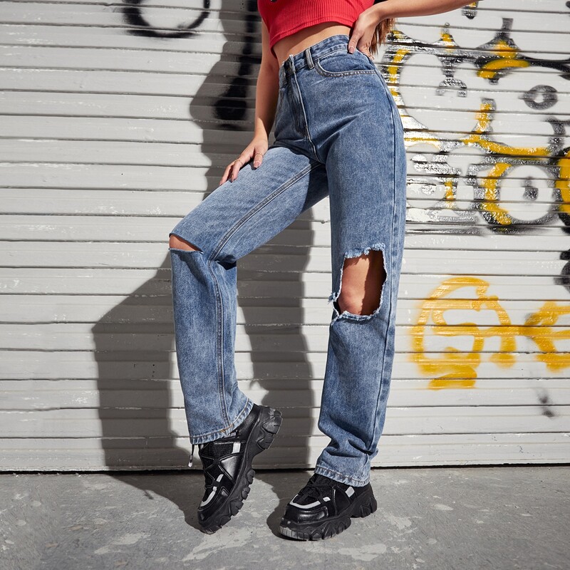 

High Waist Ripped Detail Straight Leg Jeans, Medium wash