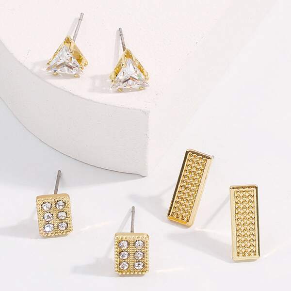 

3pairs Rhinestone Decor Stud Earrings, Gold