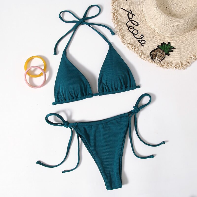 

Ribbed Triangle Tie Side Bikini Swimsuit, Teal blue