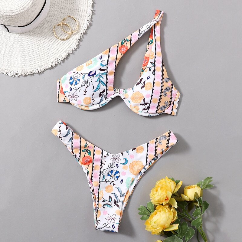 

Floral Paisley One Shoulder Cut Out Bikini Swimsuit, Multicolor