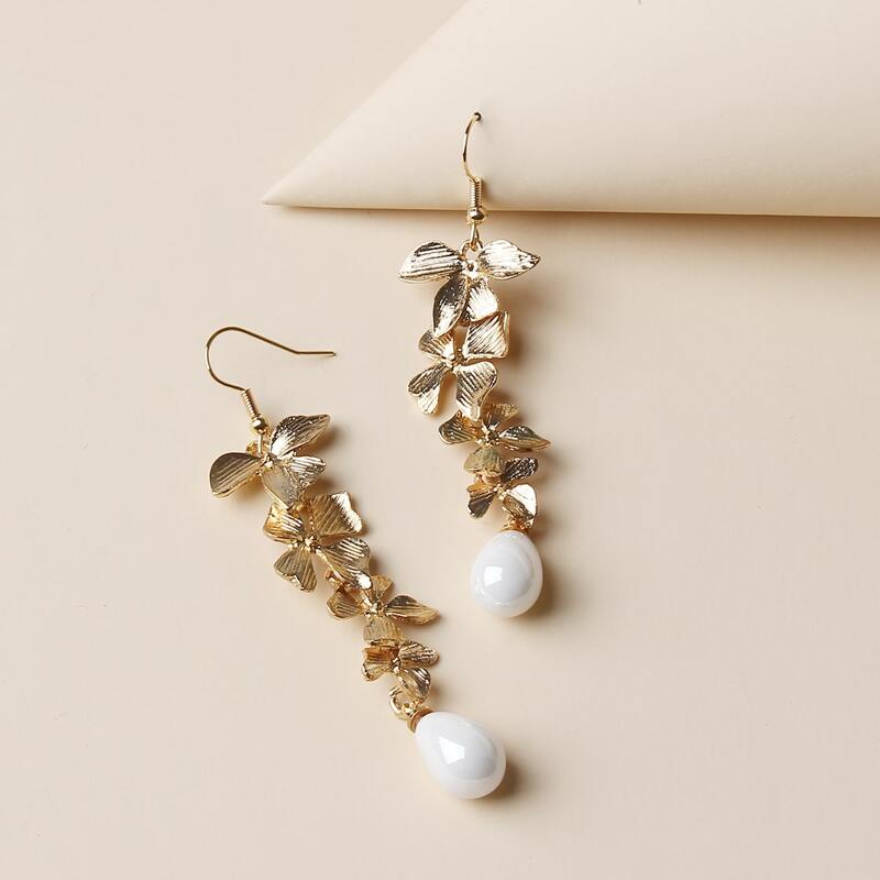 

Floral & Faux Pearl Drop Earrings, Gold