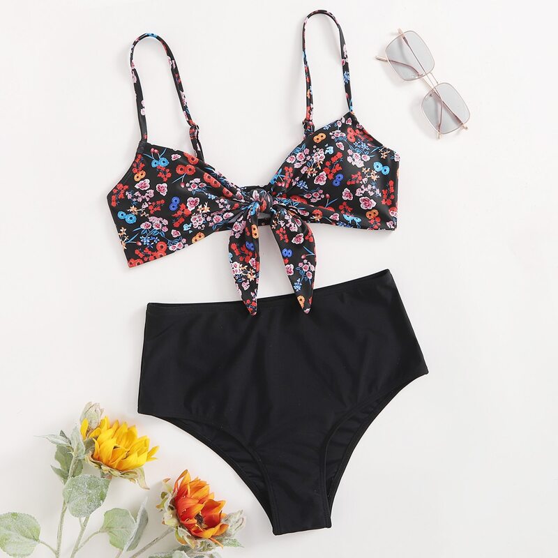 

Ditsy Flower Knot High Waist Bikini Swimsuit, Multicolor