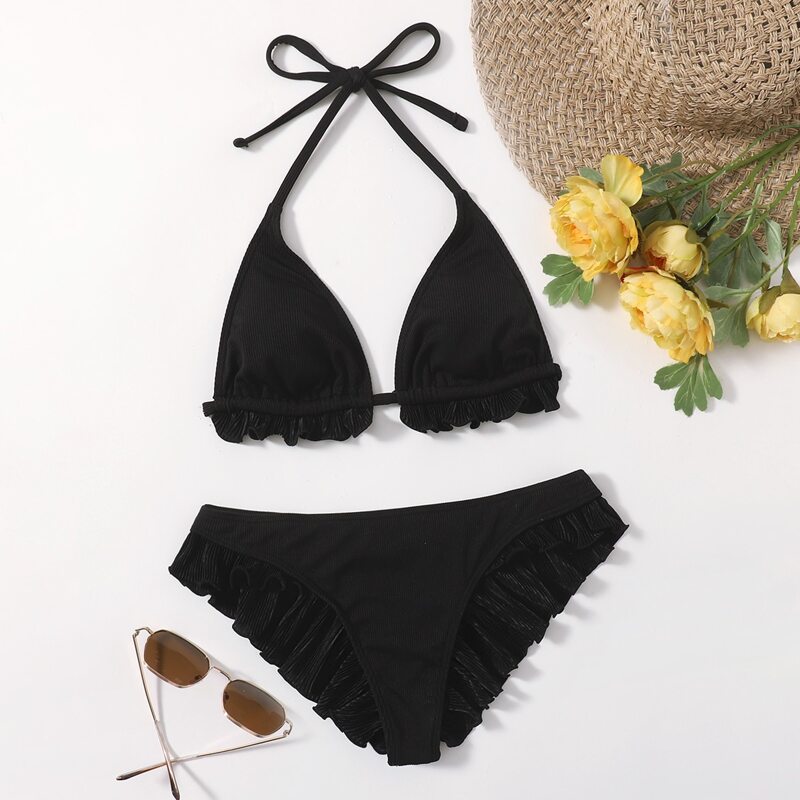 

Ruffle Trim Halter Bikini Swimsuit, Black