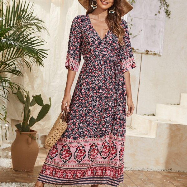 

Allover Floral Print Surplice Neck Dress, Multicolor