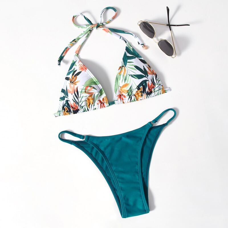 

Leaf Print Triangle Bikini Swimsuit, Multicolor