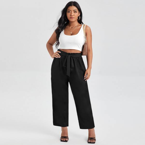 

Plus Crop Tank Top With Paper Bag Waist Belted Pants, Black and white