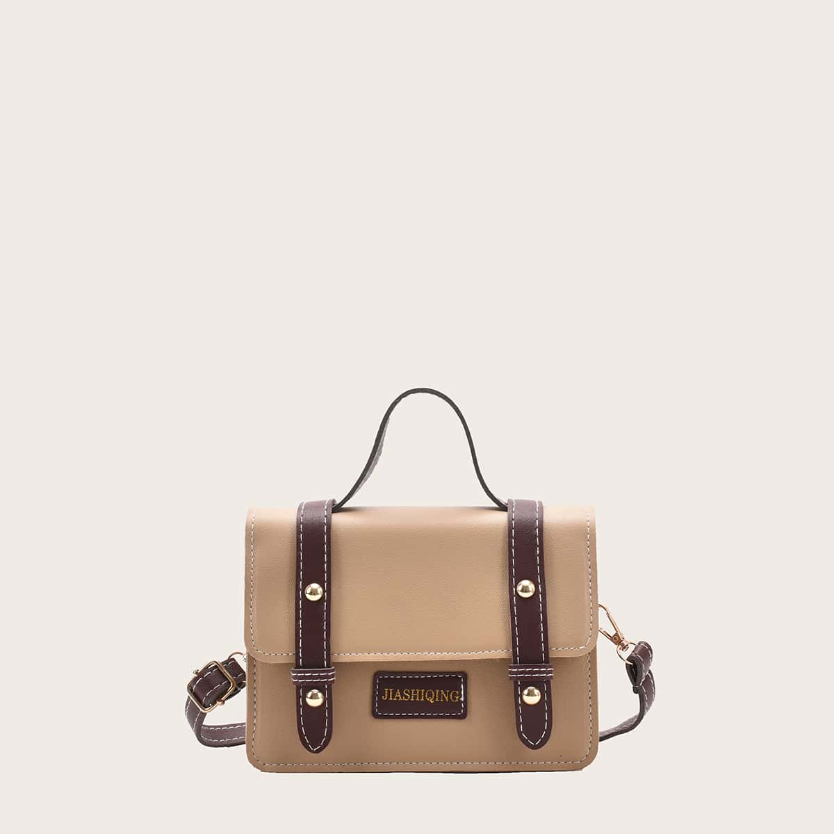 

Colorblock Buckle Satchel Bag, Khaki