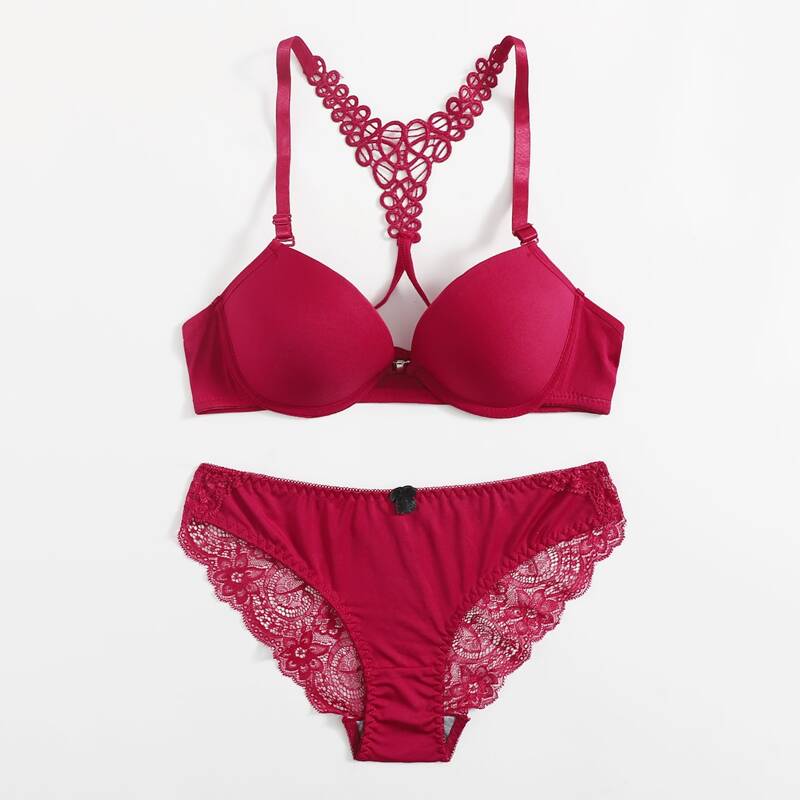 

Contrast Lace Underwire Lingerie Set, Hot pink