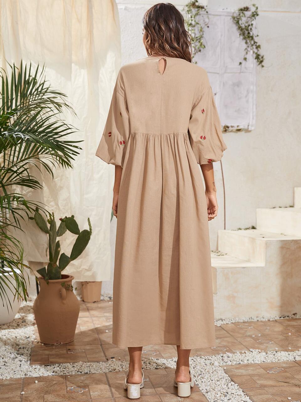 Floral Embroidered Tape Front Lantern Sleeve Dress