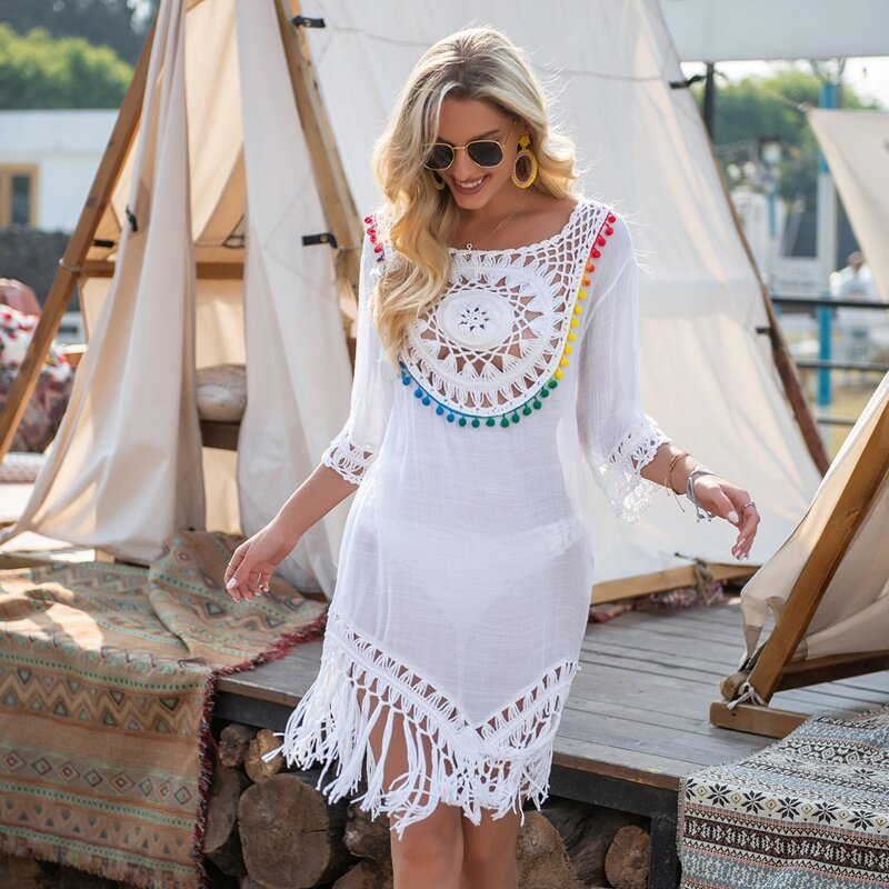 

Fringe Hem Hollow Out Cover Up, White