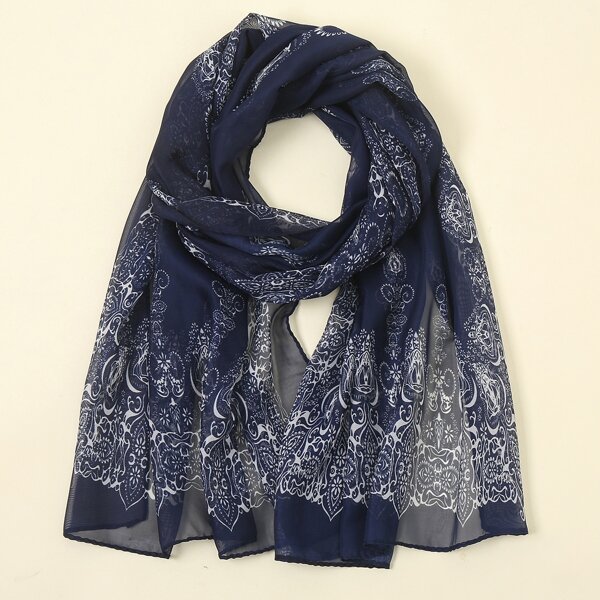 

Floral Print Scarf, Blue and white
