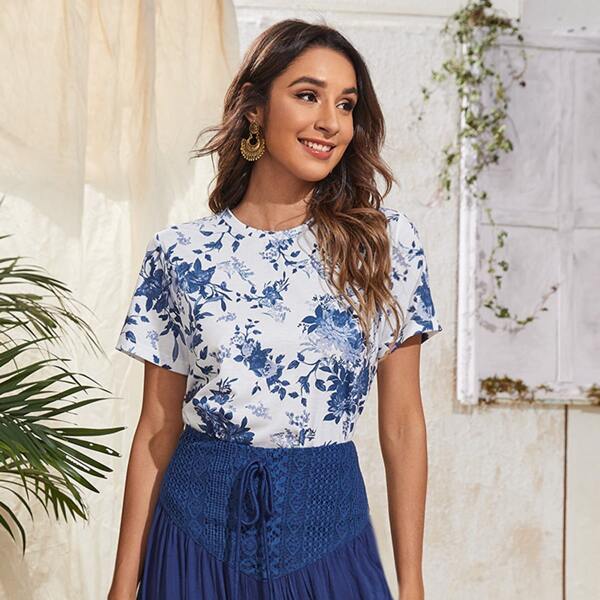 

Floral Print Tee, Blue and white