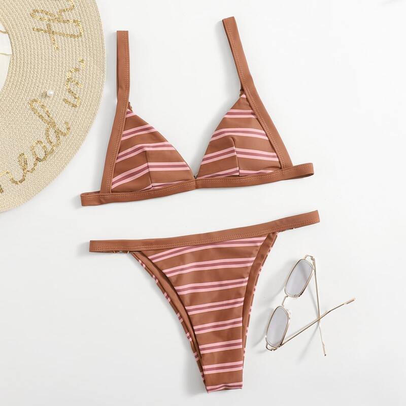 

Stripe Triangle Thong Bikini Swimsuit, Multicolor