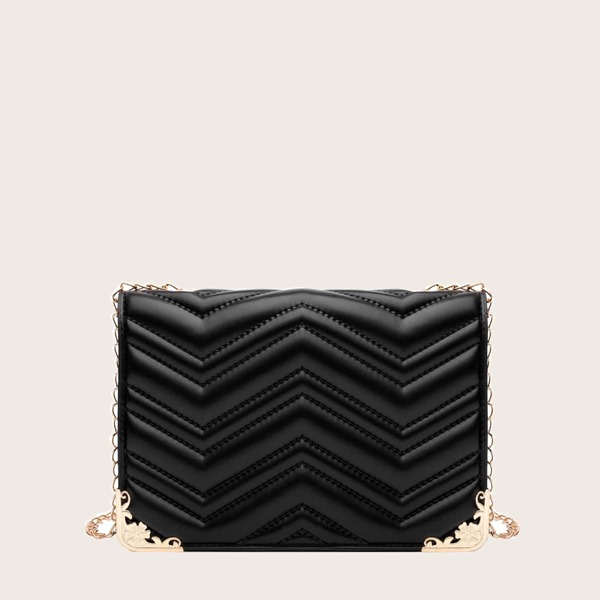 

Chevron Flap Chain Crossbody Bag, Black