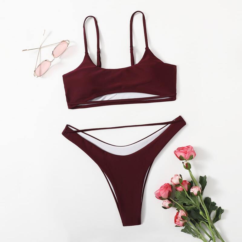 

Cut-out High Leg Bikini Swimsuit, Burgundy