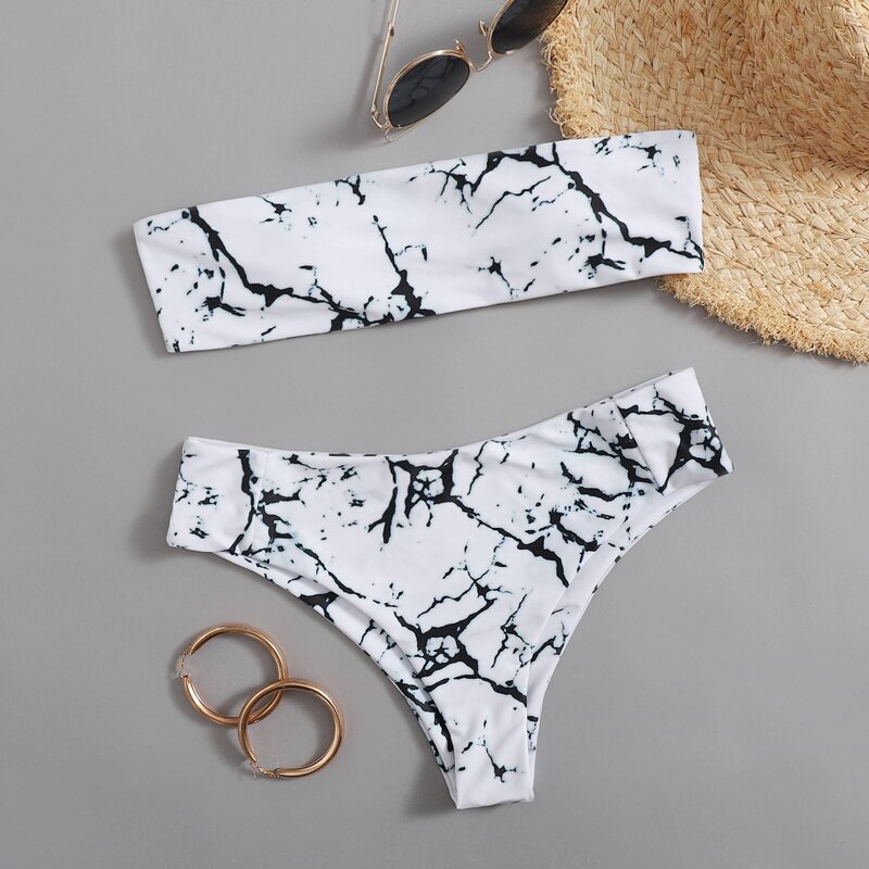 

Marble Pattern Bikini Swimsuit, Black and white