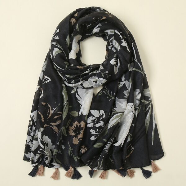 

Floral Print Scarf, Black