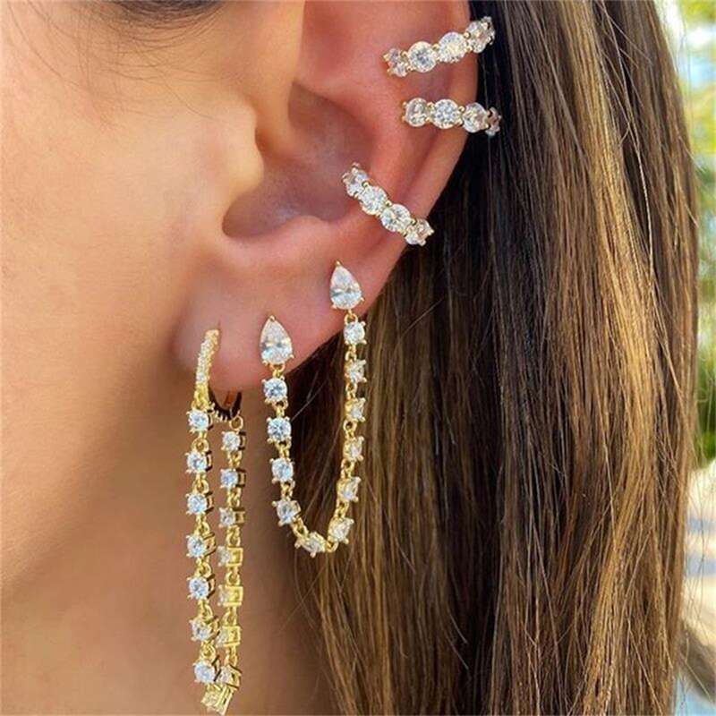 

5pcs Rhinestone Tassel Earring Set, Gold