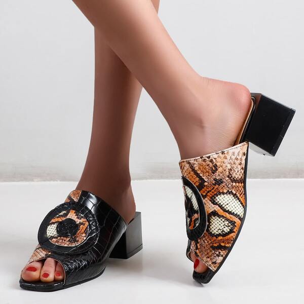 

Peep Toe Snakeskin Mule Heels, Black